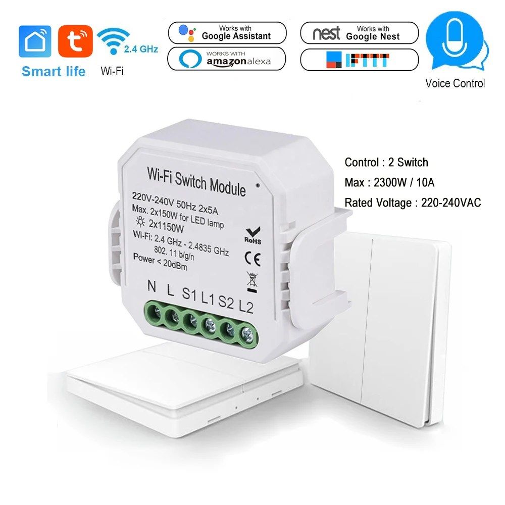 

2 way Controller Wifi Switch Light 2300W Smart Wireless Timer Switch Module Voice Control Works With Alexa Google IFTTT App Tuya