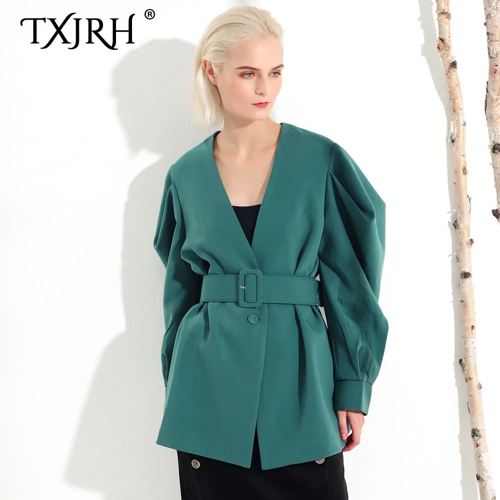 

TXJRH 2019 Stylish Temperament Deep V-Neck Long Puff Sleeve Jacket Office Work Women Coat Outerwear OL Tops With Belt 3 Colors