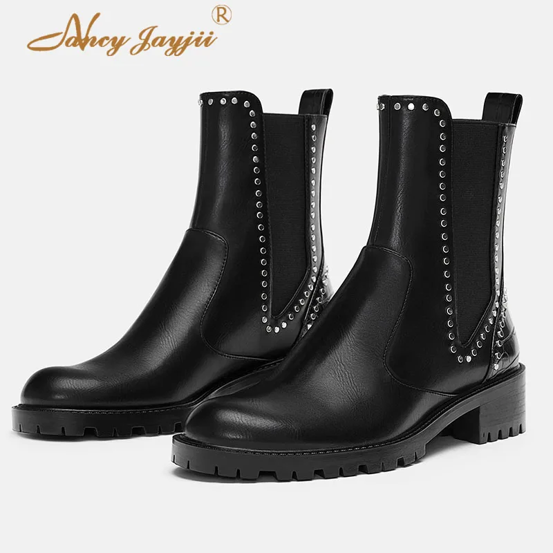 Chaussures on Noir Carré Bout Bottes Ty01 Talons Femmes 2018 De Adultes PrintempsAutomne Cheville Slip Mode Haute Chelsea Pointu Solide Dames Rivet L5j4qRA3