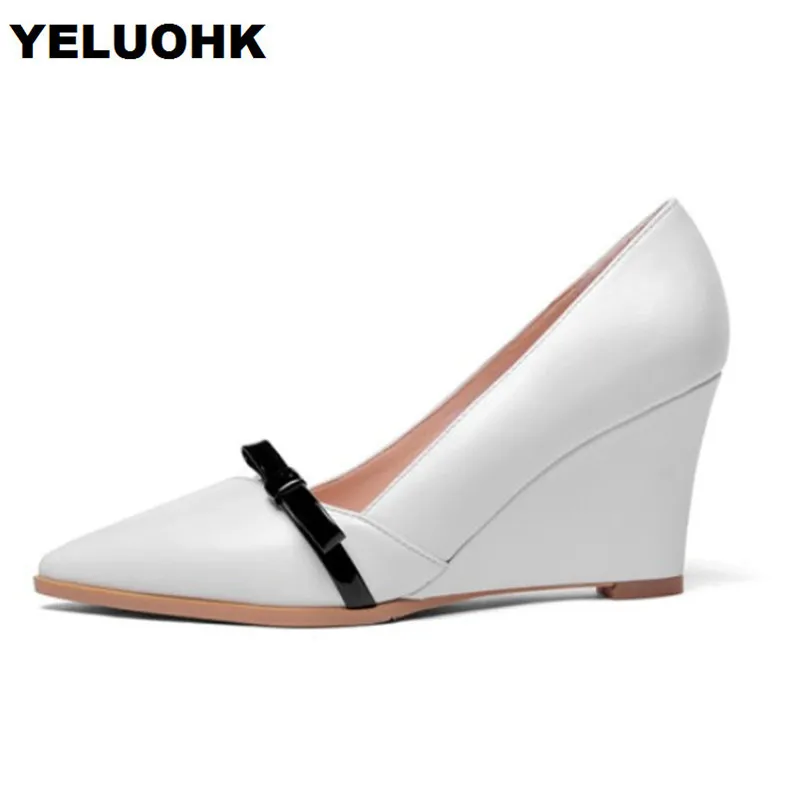 

Spring Autumn Women Wedge Shoes Pointed Toe Genuine Leather Shoes Woman High Heels Bow Slip On Ladies Shoes Pumps Large Size