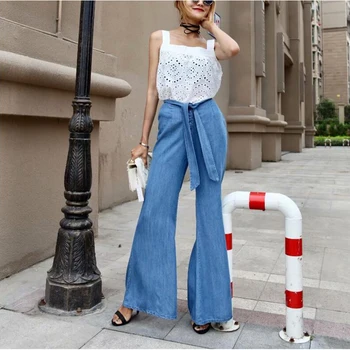 

Women's Jeans Loose Fit Flared Denim Jeans Light Blue Pants with Ribbon