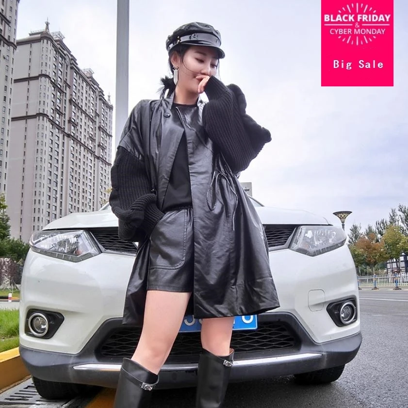 

2018 autumn fashion Korean PU leather jacket women black Windbreaker coat knit sleeve stitching outwear casual loose coat L1405