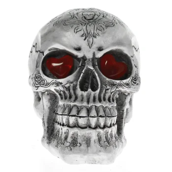 

LED Glowing Red Eyed Skull Resin Figurine Halloween Decor Props Horror Ghost Sculpture Skeleton Head With Blinking Heart Eyes