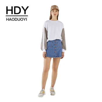 

HDY Haoduoyi Women Long-Sleeved Loose Hoodies Streetwear Simple Plaid Sweatshirt Casual Stitching Round Neck Pullover Wholesale