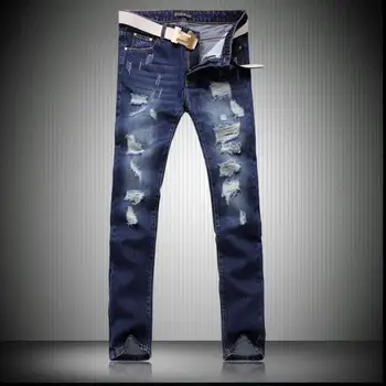 

2019 European and American men's jeans hole small slim hip hop hair stylist fashion hole jeans plus size men's clothing