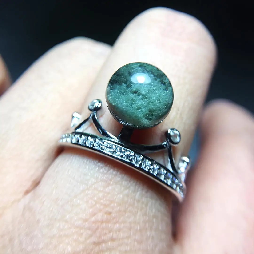 

100% 9mm Natural Quartz Crystal Adjustable Ring 925 Silver Green Phantom Stone Ring for Woman Man Gift AAAAA Stone Ring