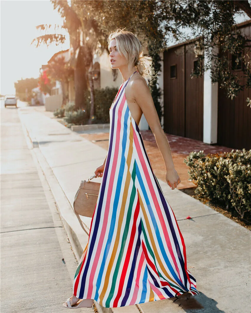 Женское длинное платье в полоску без рукавов с открытой спиной|Платья| |