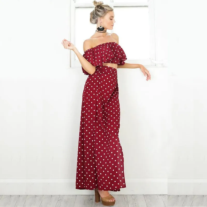 yinlinhe Long Maxi Summer Dress Off Shoulder Red Polka Dot Women Dress Sleeveless High Split Sexy Boho Ruffles Vestido  1
