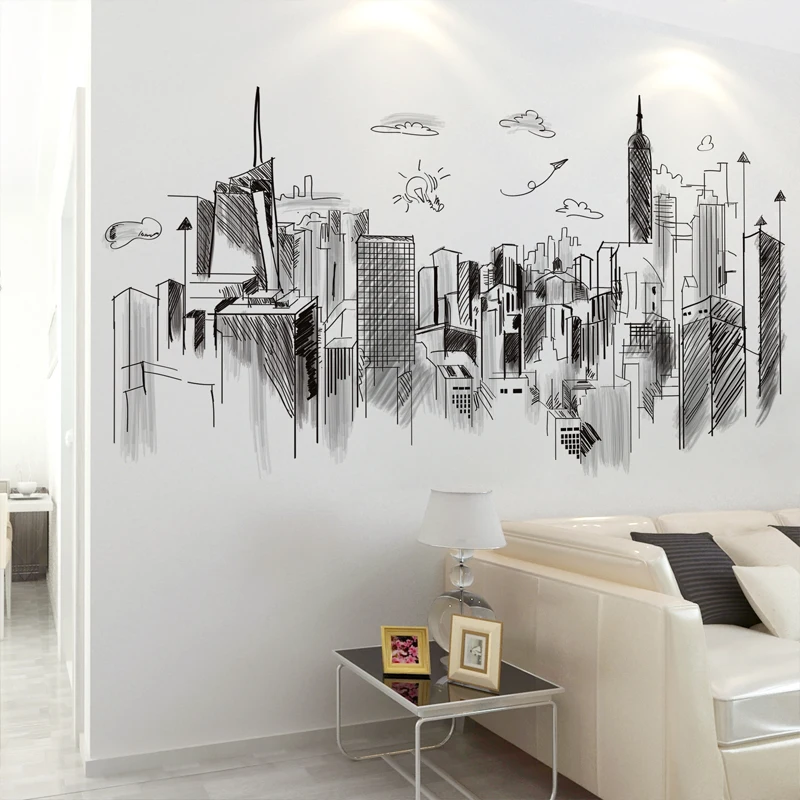 

[SHIJUEHEZI] Black Buildings Wall Stickers DIY Architecture Mural Decals for House Living Room Bedroom Office Decoration