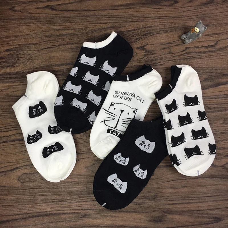 

Women Girl Cartoon Cat Pattern Short Cotton Low Cut Ankle Socks White Black Soft