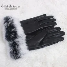 Etheel Anderson-guantes de piel auténtica de conejo para mujer, manoplas cálidas de Color negro, elegantes, de palma completa, para invierno