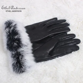 

Ethel Anderson Women Genuine Farm Rabbit Fur Real Leather Gloves Black Color Warm Mittens Winter Elegant Full Palm Glove