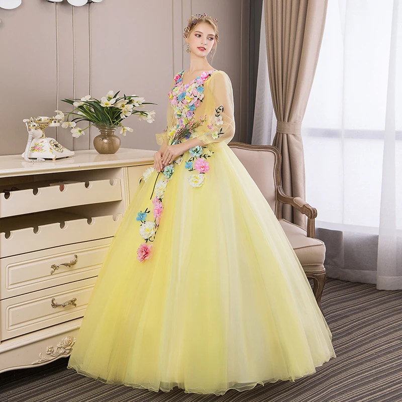 Trajes De Quinceaneras 2021 Новый желтого цвета с v образным вырезом длинным рукавом бальные