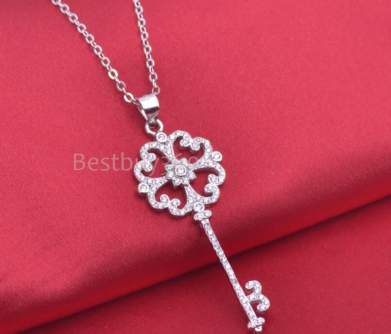 Fashion jewelry 925 sterling silver key necklace flower shape chain containing 45 cm for women cubic zirconia necklace (NM)