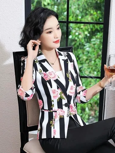 Great Value 2020 Spring Korean Version Women Stripe Printed Small Suit New Style Summer One Button Female Fashion Leisure Temperament Tops
