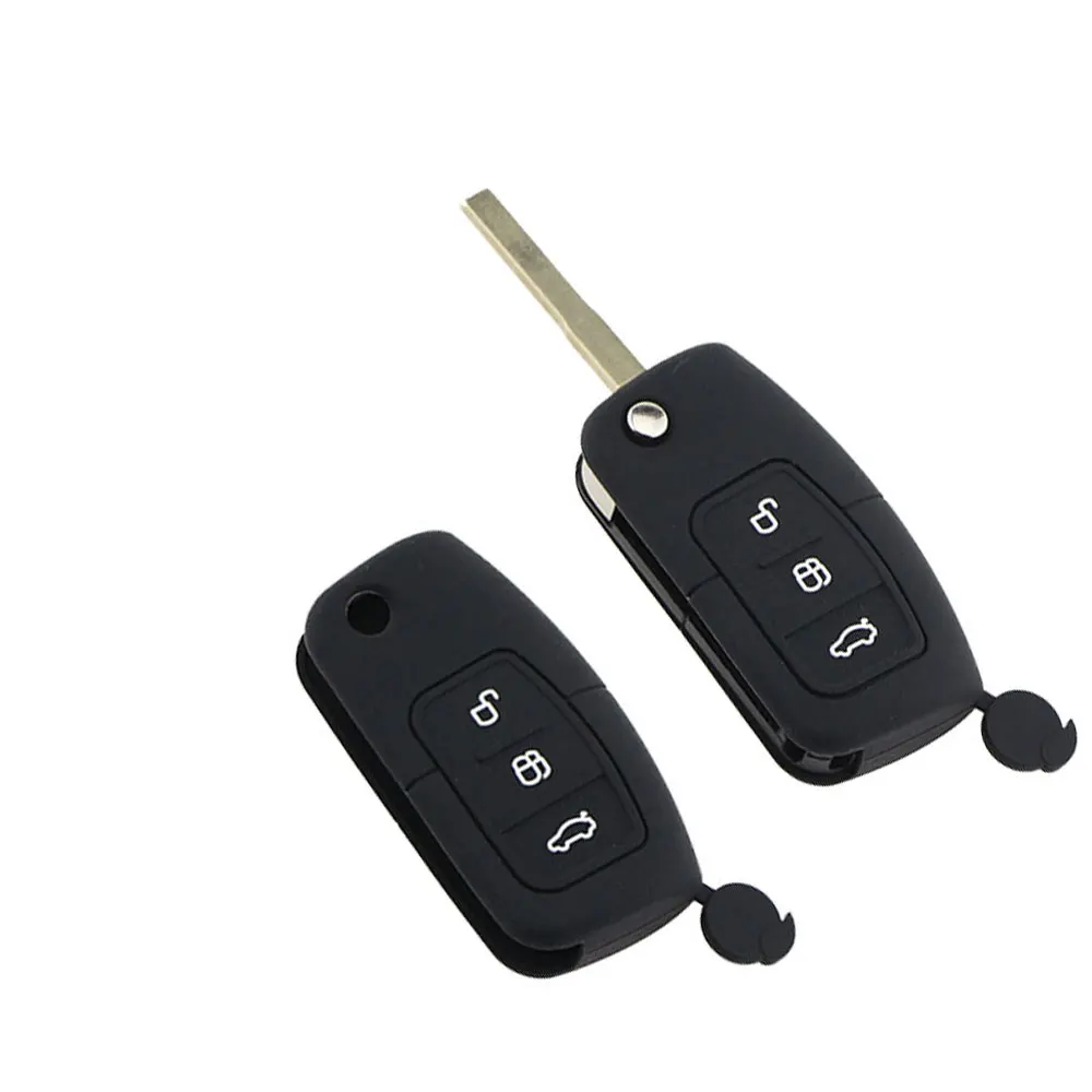 3 кнопки силиконовый чехол для ключей Крышка для Ford Focus 2 MK2 для Fiesta Ecosport Galaxy Mondeo S-Max C-Max, складной чехол для ключей на застежке - Название цвета: Black