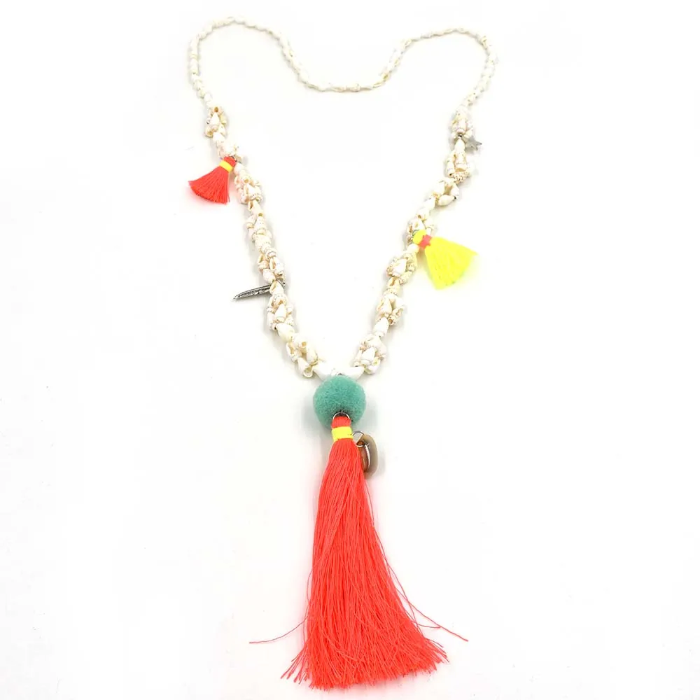 2017New Handmade Pink tessal pendents necklace unique boho Bohemia long Necklaces sea beach cowrie shell beaded chain necklace