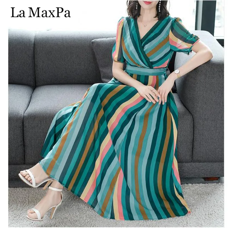 

Fashion Large Size Chiffon Dress 2019 New Summer Arrival Leisure V Collar Short Sleeve Color Block Stripe Woman Long Dress