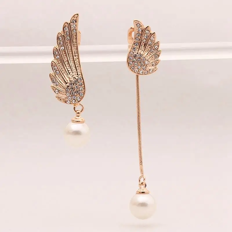 

Angel wings asymmetric tassel earrings long pearl earrings ear clip female clips ons