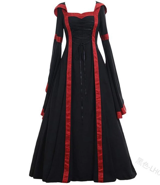 Средневековое платье Ренессанса Готический женский стиль корта с длинным рукавом и капюшоном халат костюм для женщин - Цвет: Черный