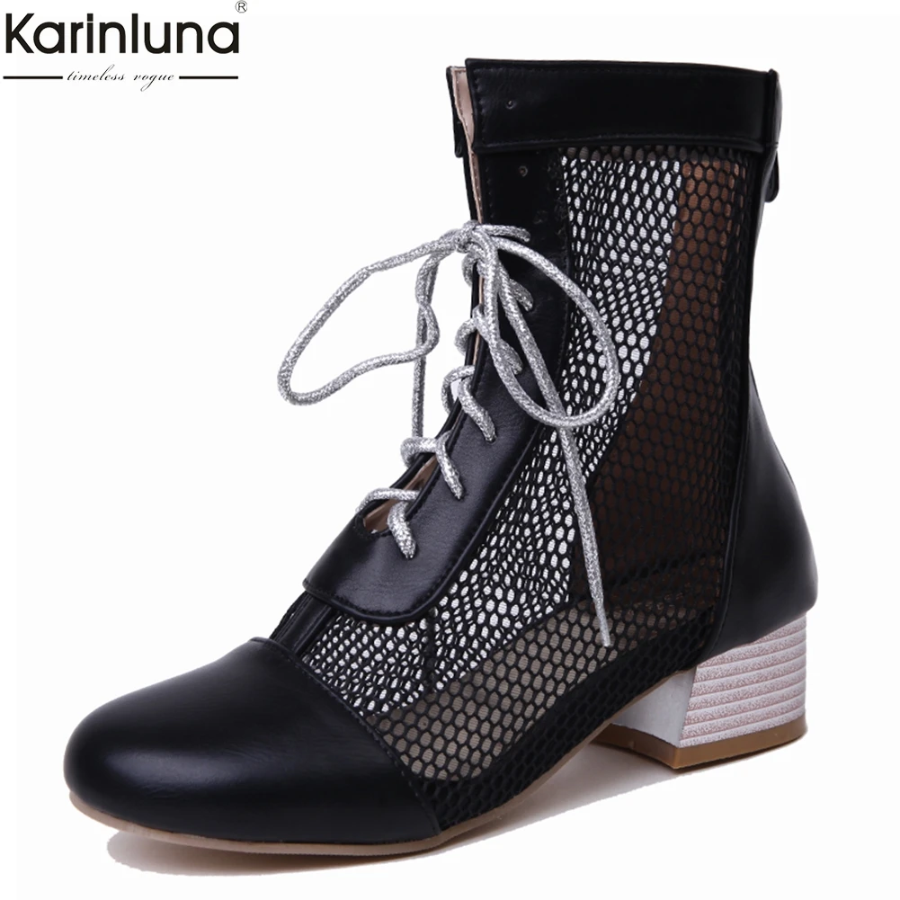 

Karinluna new arrivals dropship big size 33-43 chunky heel hollow Air mesh ankle boots women shoes woman summerboots