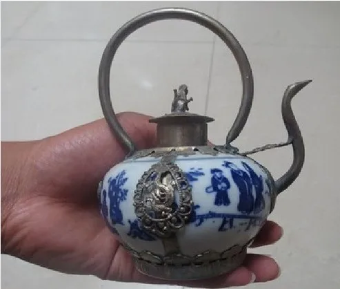 

2pcs Rare Tibetan silver blue and white ceramic teapot flagon fast shipping Vintage Garden Decoration 100% Tibetan silver Bronze