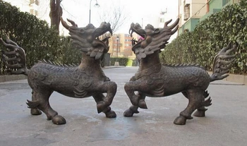 

bi002057 Huge China bronze Evil Door Foo Dogs Dragon kylin Lions Feng shui statue pair