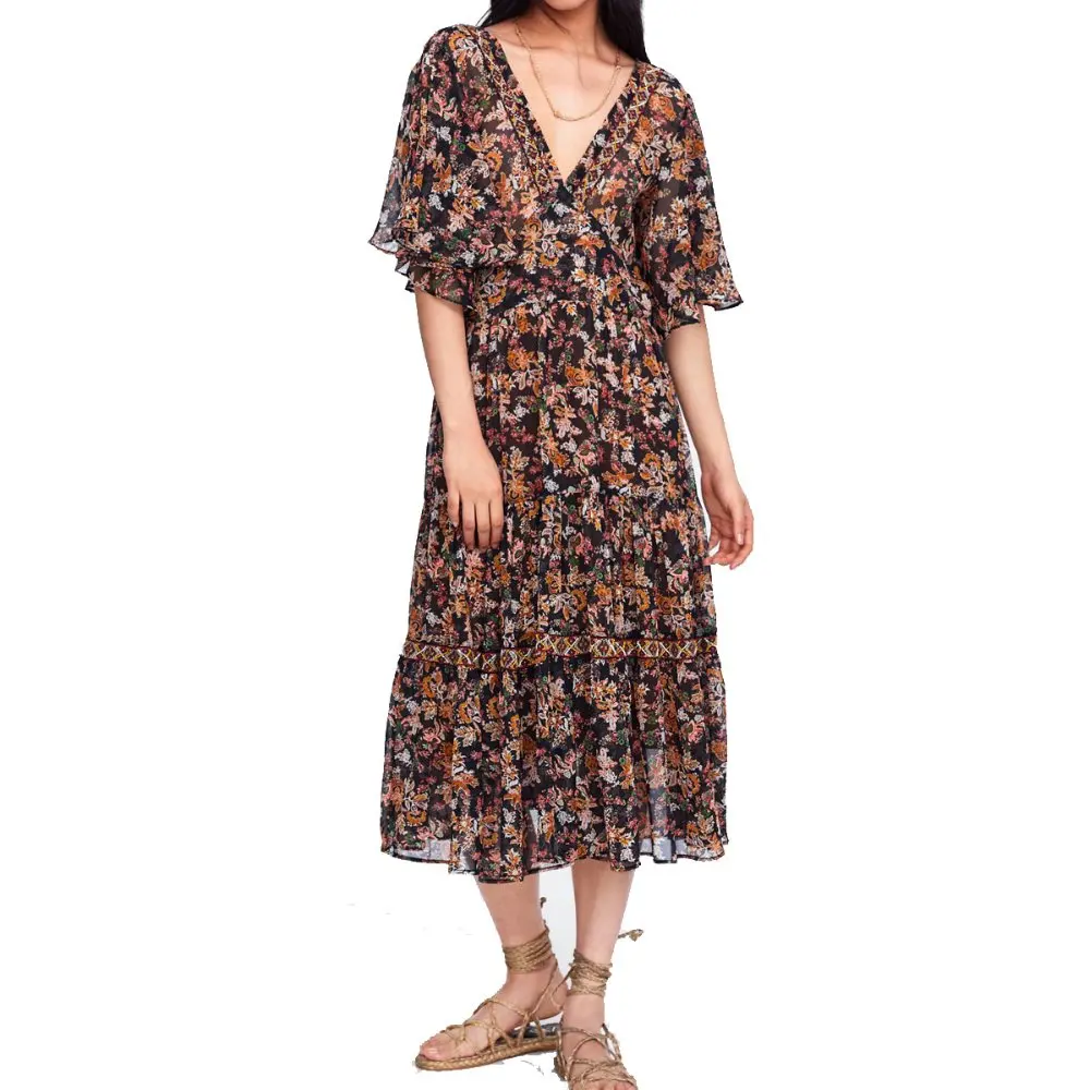 

2019 za summer Women flroal print chiffon floral dresses pleated embroideried oversized flare sleeve dress FEMALE PRINTED dress