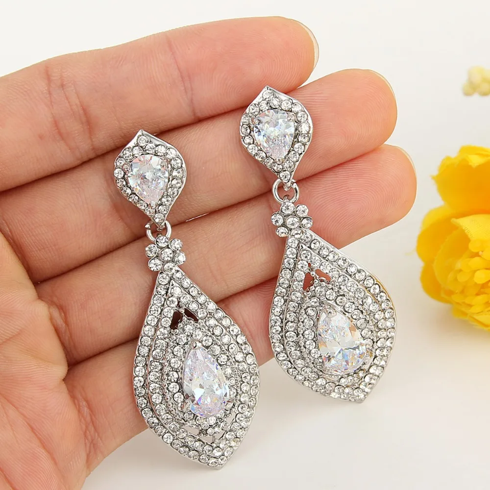 

Tuliper Teardrop Full Cubic Zircon Bridal Earrings Clear Austrian Crystal Dangle Earrings For Wedding Bridesmaid Party