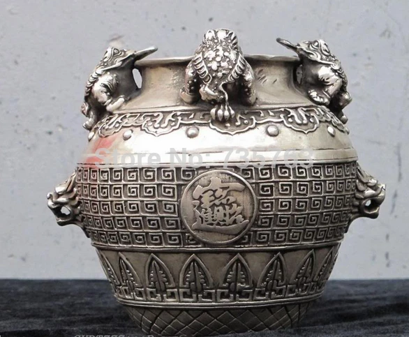 

001996 6"Chinese feng shui Hand Made Silver Copper Four Jin Chan Spittor Wealth can JAR