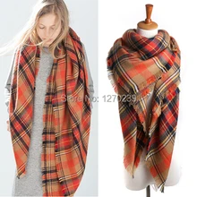 WJ62 New 2014 Winter Women Tartan Scarf Poncho Scarves Shawl Men Imitation Cashmere Orange Red Plaid