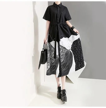 

High Quality New Summer Women Black Shirt Dresses Patchwork Party Long Dresses with belt vestidos de festa 2 Color