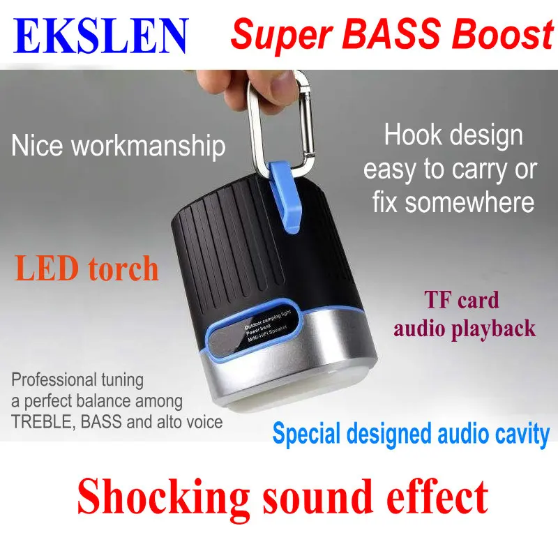 

EKSLEN P1 Bluetooth Speaker with Radio FM TF card Micro SD LED light torch Waterproof Promotional Outdoor Wireless MP3 for Phone