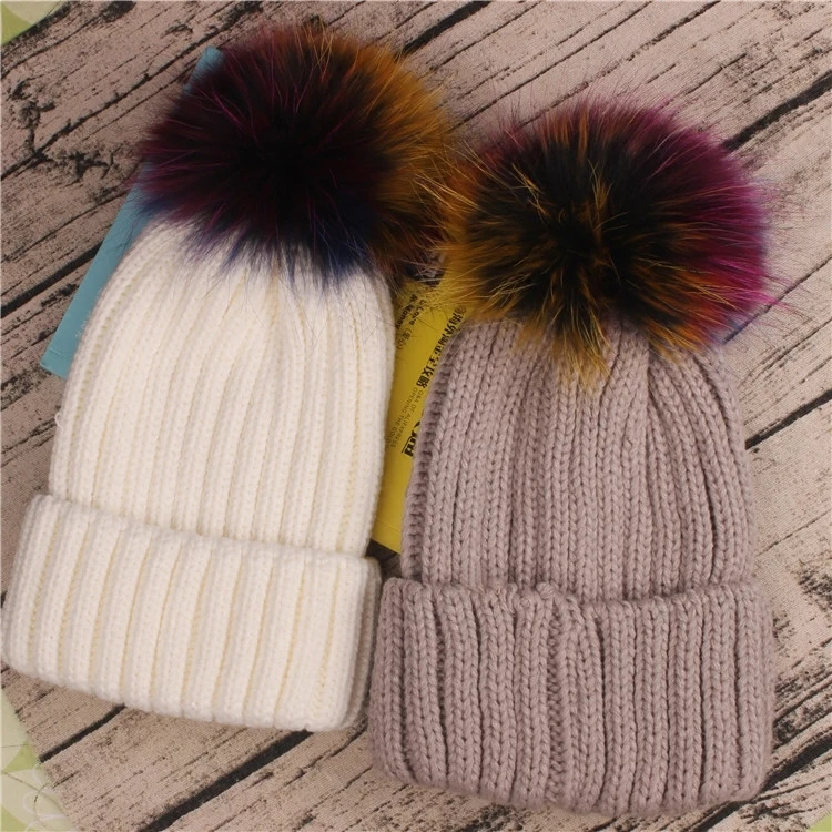

Hats for women Woman Knitting Fox Bulb Wool Super Raccoon Leather And Fur pompom Autumn And hat Winter cap bonnet femme beanies