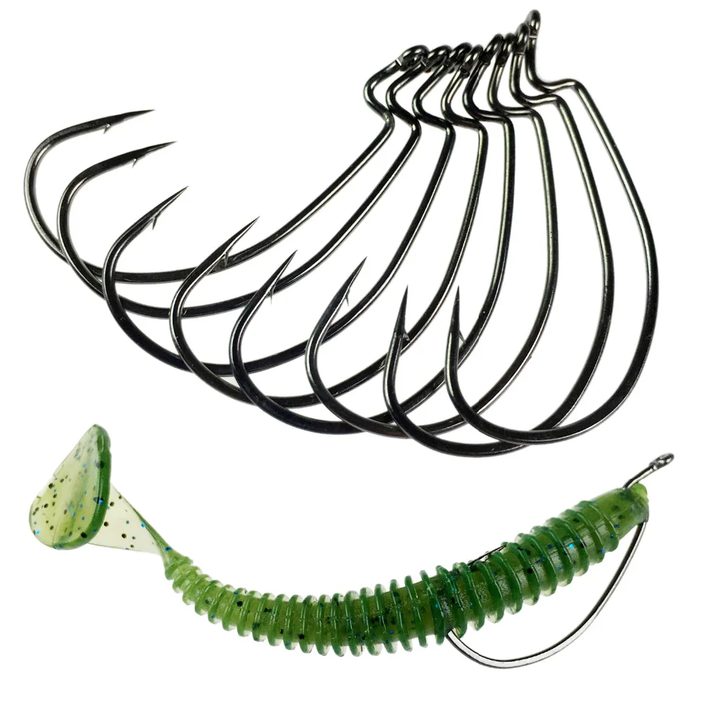 10pcs 1 pack POHU Size 12 10 8 5 4 3 2 1 2/0 1/0 3/0 4/0 Crank Worm Carbon Steel Soft Baits Lures Offset Hooks Fishing Hooks