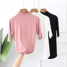 summer new style Spring Korean Women's Modal Top Stand collar loose seven-sleeve ladies t-shirt Solid color large size shirt color block stand collar t shirt