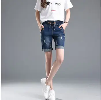 

2017 Plus Size Summer denim shorts Washed Vintag Slim Straight Elastic Waist Knee Length Short Jeans aroll up hem shorts G042702
