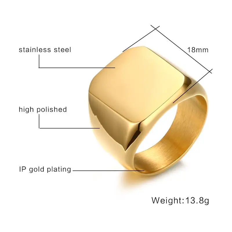Meaeguet Solid Gold Color Punk Cool Men's Ring High Polished 18MM Wide Unique Stainless Steel Biker Square Party Ring