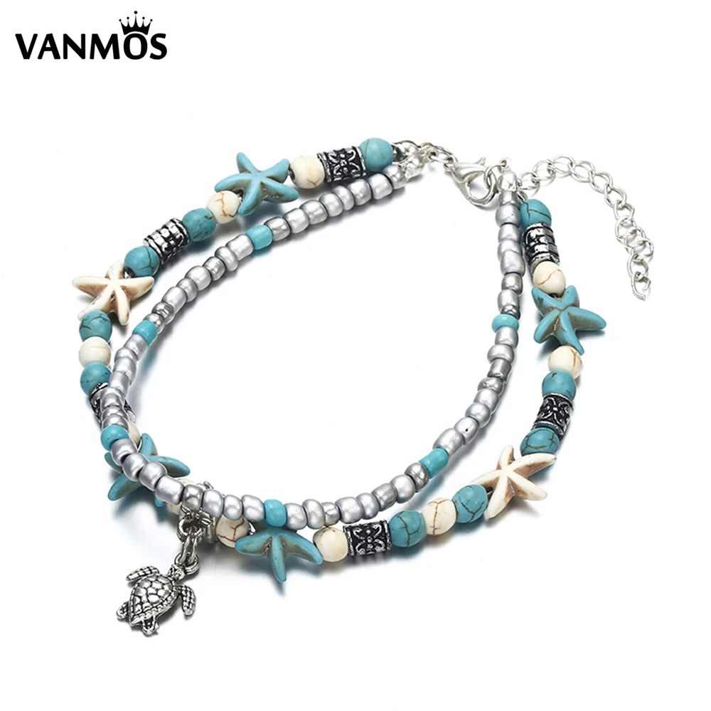 

Vintage Turtle Beads Starfish Anklets for Women Summer Beach Multi Layer Ankle Accessories Leg Bracelet Handmade Bohemia Jewelry