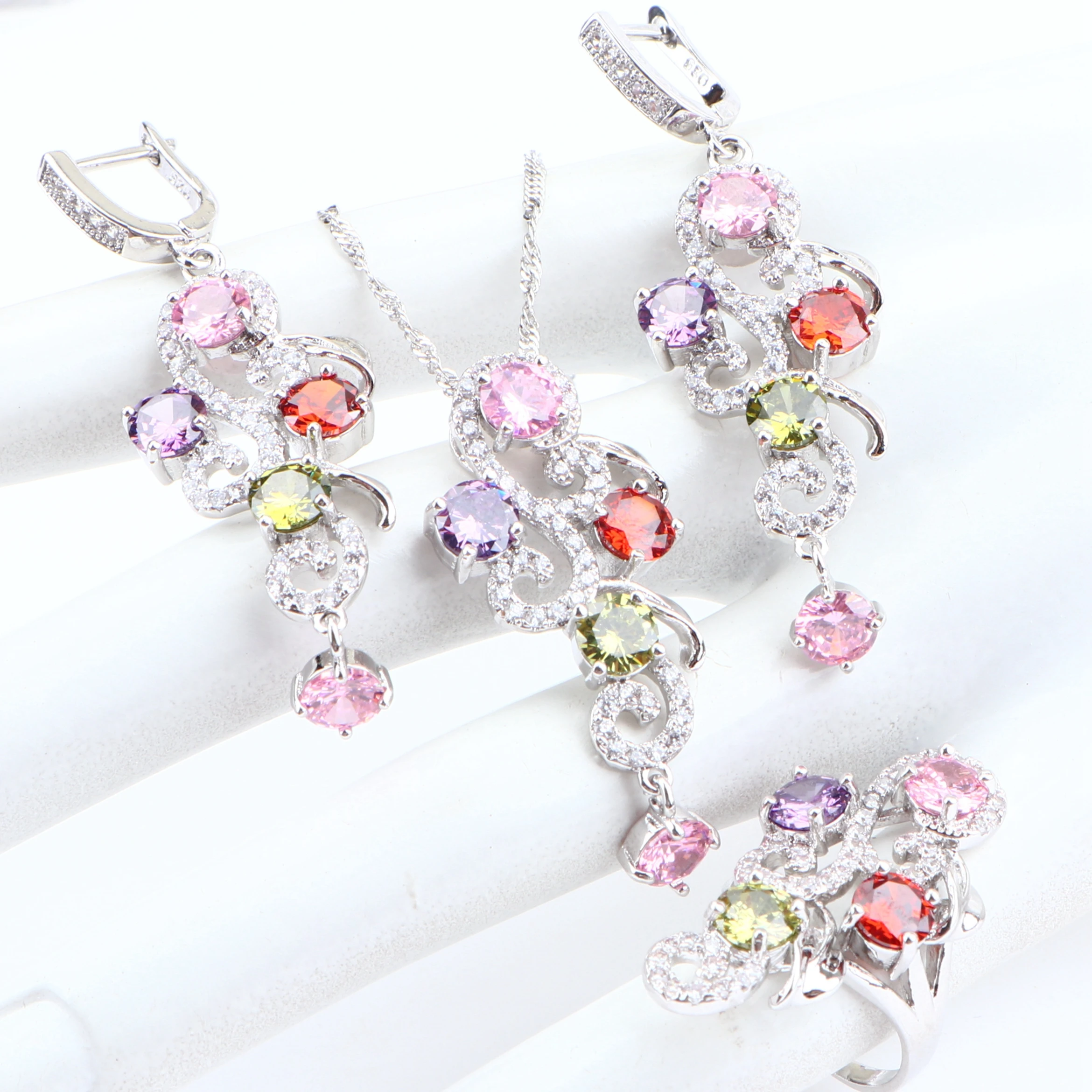 Kopen Multicolor Zirconia Zilver 925 Bruids Sieraden Sets Voor Vrouwen Wedding Oorbellen Armband Ring Ketting Hanger Set Geschenken Box