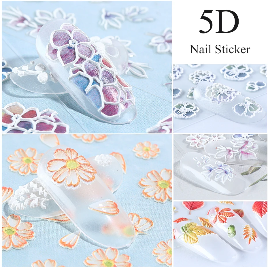 5D Embossed Nail Sticker Decals Blooming Flower Acrylic Engraved 3D Slider Manicure Empaistic Nail Art Decoration Tips CH1019