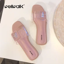 Wellwalk Женщины Домашние Тапочки Квадратные Носки Дамы Плоские Прозрачные Ботинки Женские Ясно Летн Лучший!