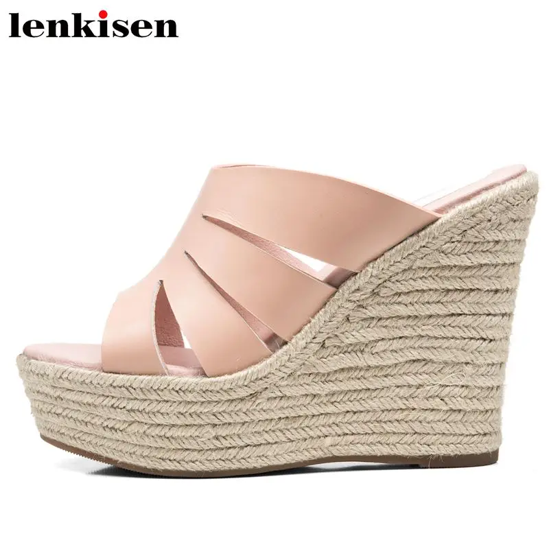 

Lenkisen new arrival slingback slip on solid increasing super high bottom wedges runway nightclub women comfortable sandals L18