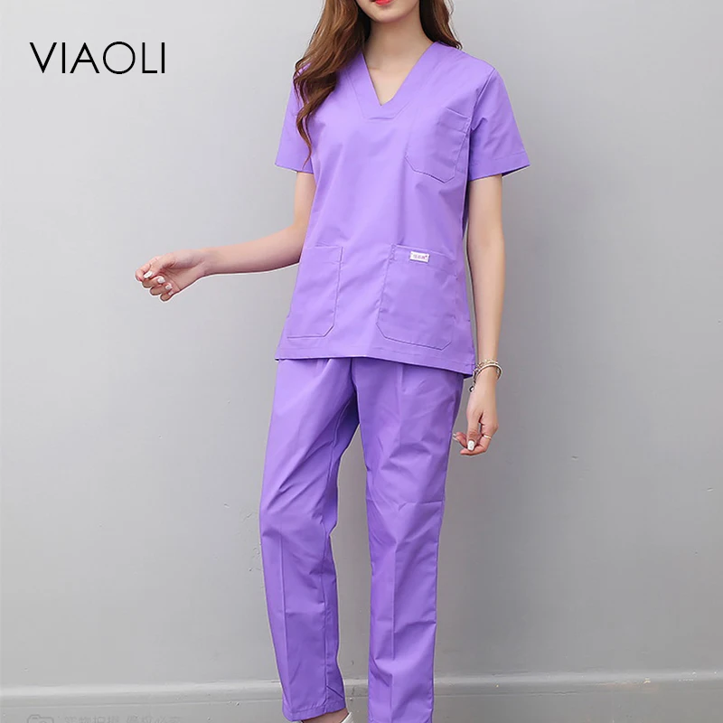 

Viaoli women and men Medical Uniforms Nursing Scrubs Clothes Short Sleeve coat Doctor Clothing Brush hand clothing v-collar