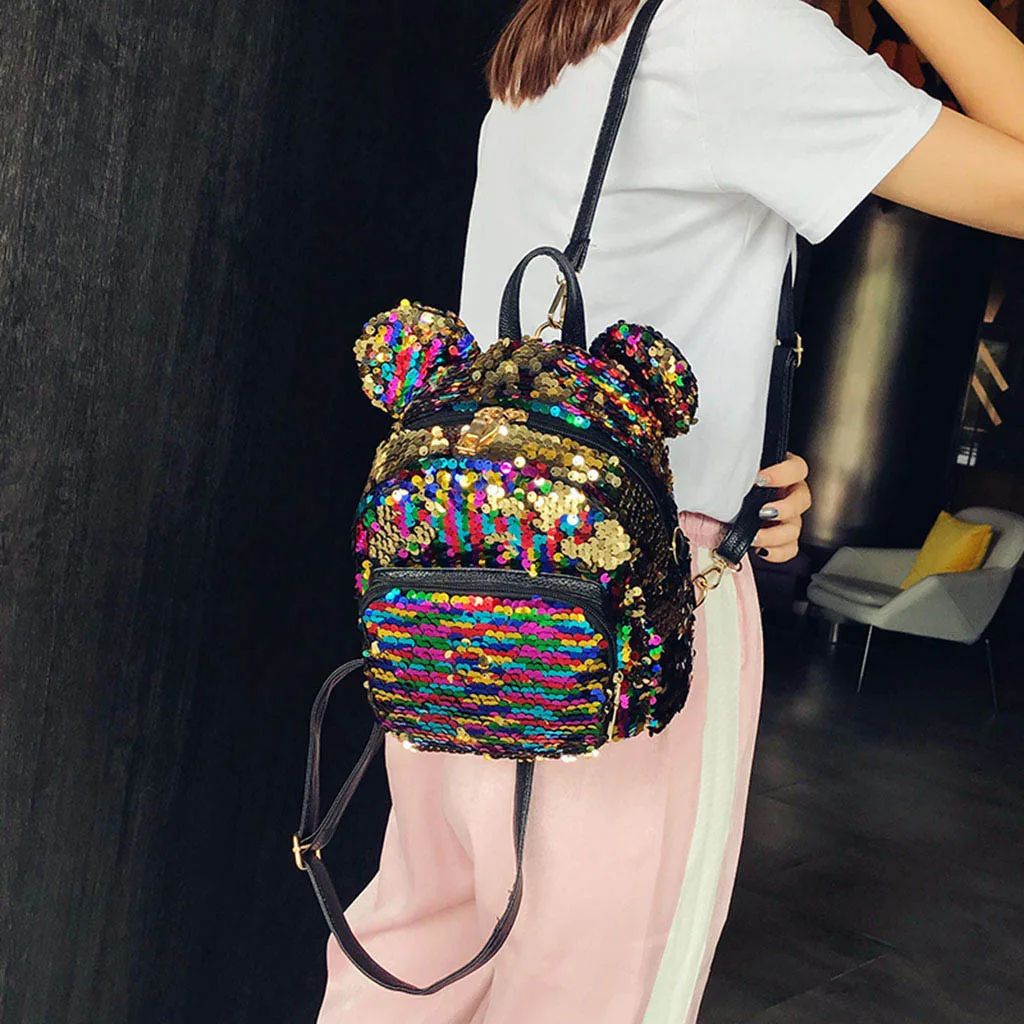 

new Fashion Sequins School Backpack for woman Satchel Girls Student Travel Shoulder Bag cute ear colorful backpack 2019