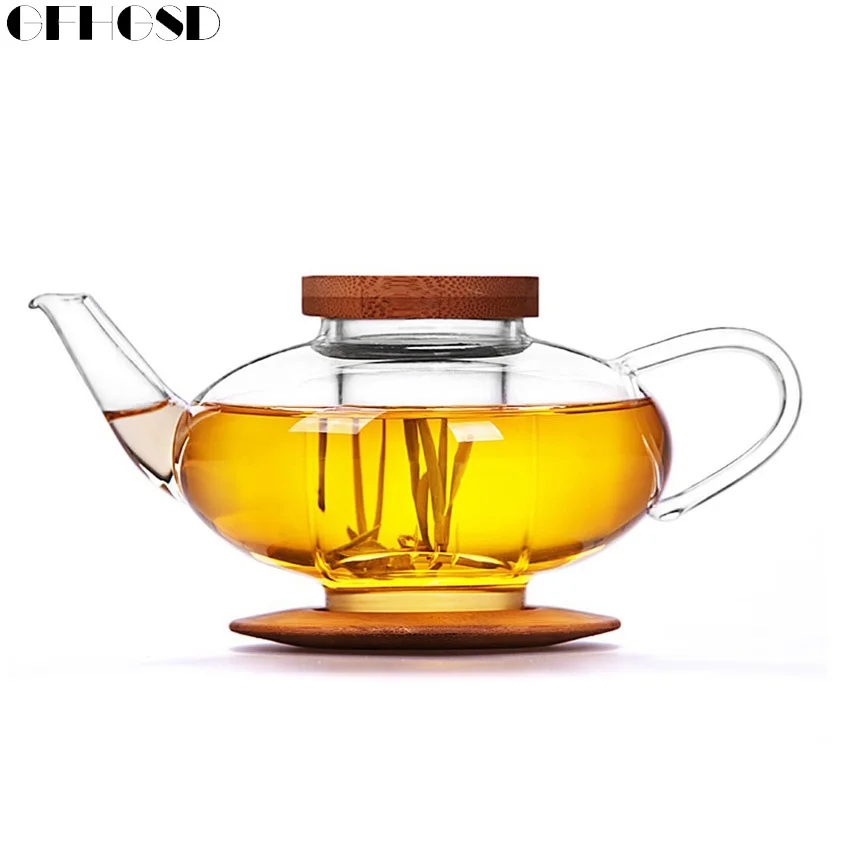 700ml Heat resistant Clear Glass Teapot with Bamboo Lid Flower kettle