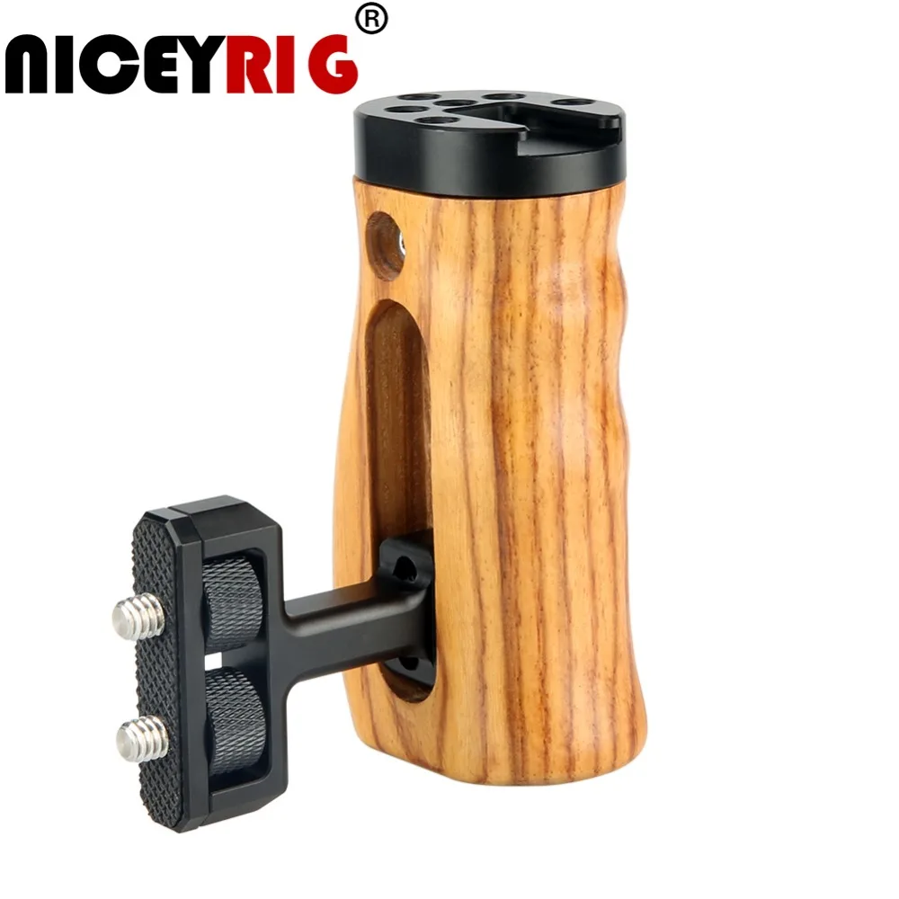 

NICEYRIG Camera Hand Wood Grip DSLR Wooden Side Handle Cold Shoe Cheese Top 1/4" Screw Holes for Sony Canon Nikon Camera Cage