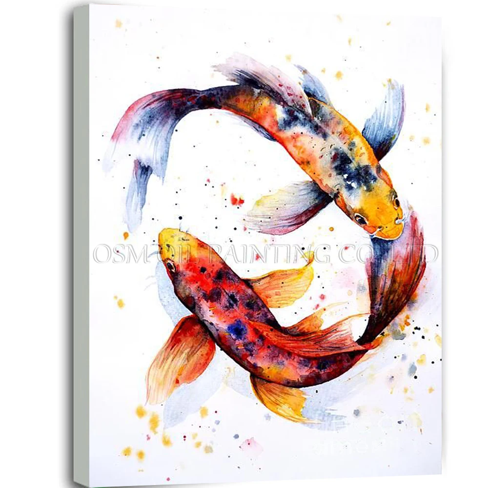 

High Skills Artist Handmade High Quality Animal Fishes Oil Painting on Canvas Double Fishes Going Around in Circles Oil Painting