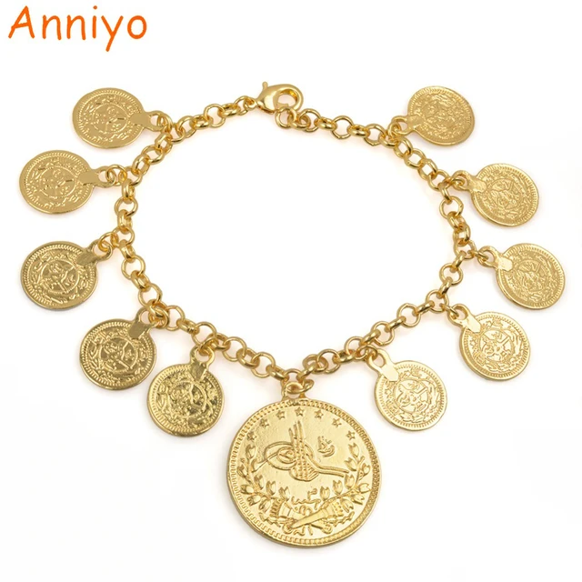 Anniyo Length 25cm Turkey Coin Charm Bracelet For Women Gold Color Anniyo Length 25cm Turkey Coin Charm Bracelet For Women Gold Color Kurdish Chain Bangle Arab