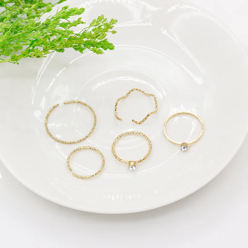 Кольцо женский Корейская версия горный хрусталь волна кольцо пять Piece Ring Set уплотнительное кольцо студентка подруги хвост кольца женский